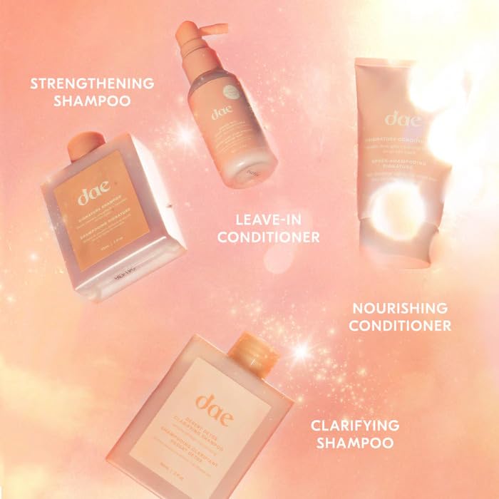 DAE lineup of shampoo conditioner detox and leave-in highlighting complete routine