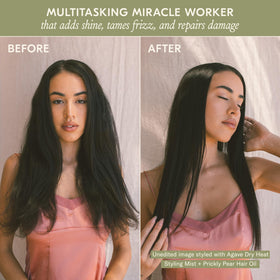 DAE before-and-after hair ends showing reduced frizz and improved smoothness