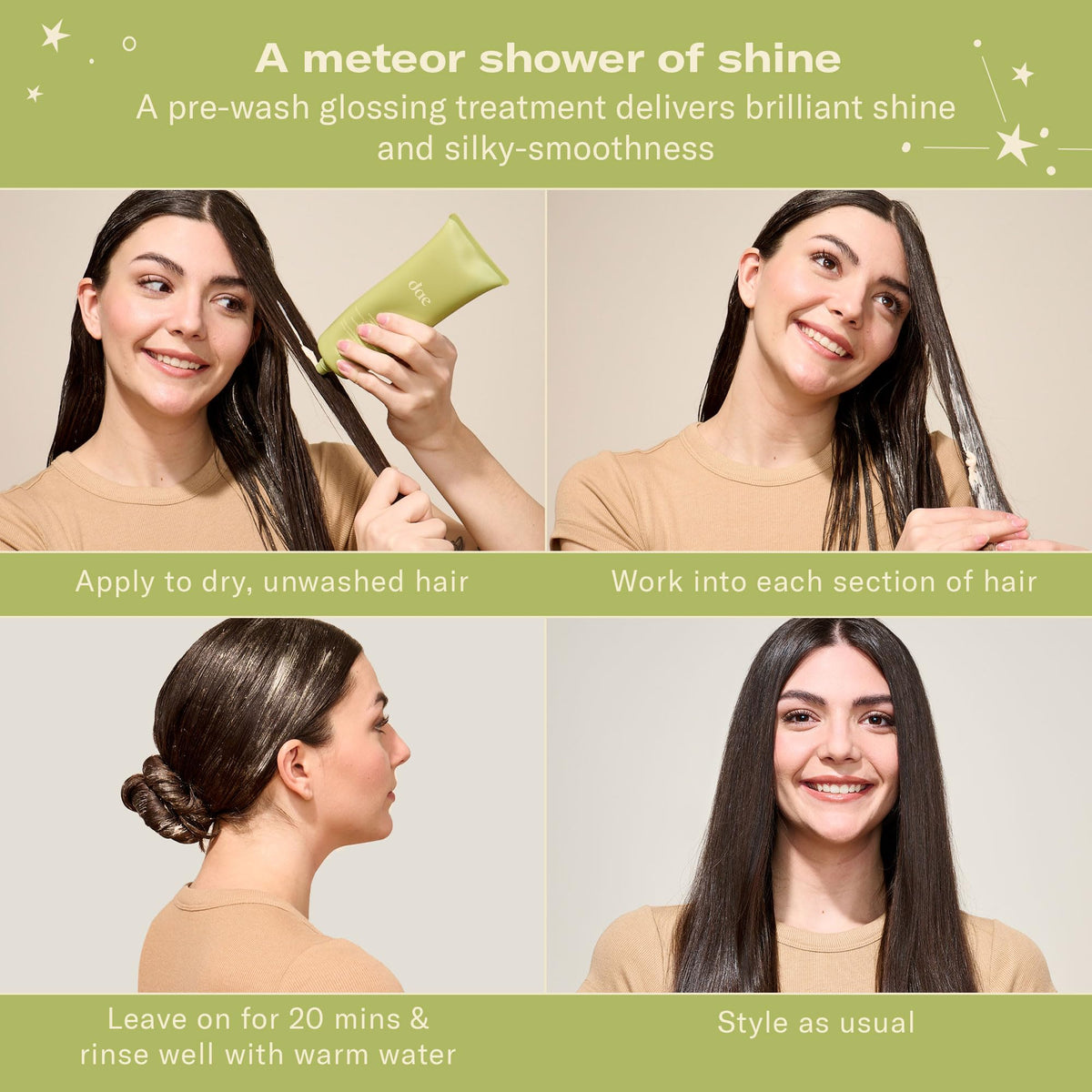 DAE Stargloss applied to mid-lengths before shampoo demonstrating frizz control benefit