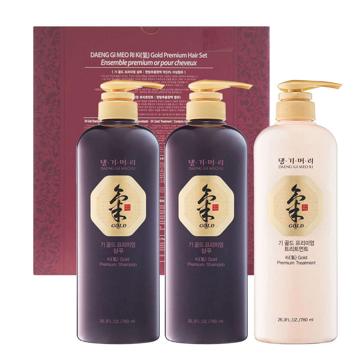 Daeng Gi Meo Ri front packaging showing large 780ml shampoo and treatment, conveys value