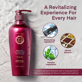 Daeng Gi Meo Ri shampoo in shower setting conveying daily-use convenience and refresh