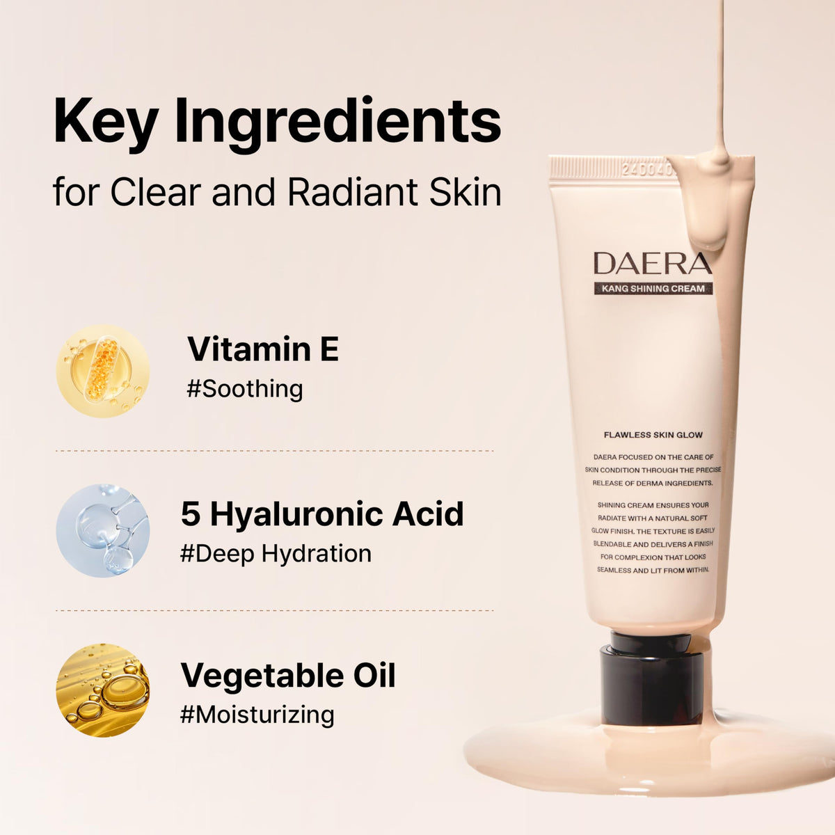 DAERA tube next to sunscreen and flowers showing pairing with SPF and skincare focus