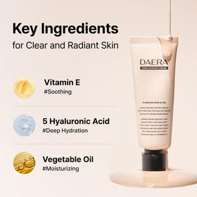 DAERA tube next to sunscreen and flowers showing pairing with SPF and skincare focus