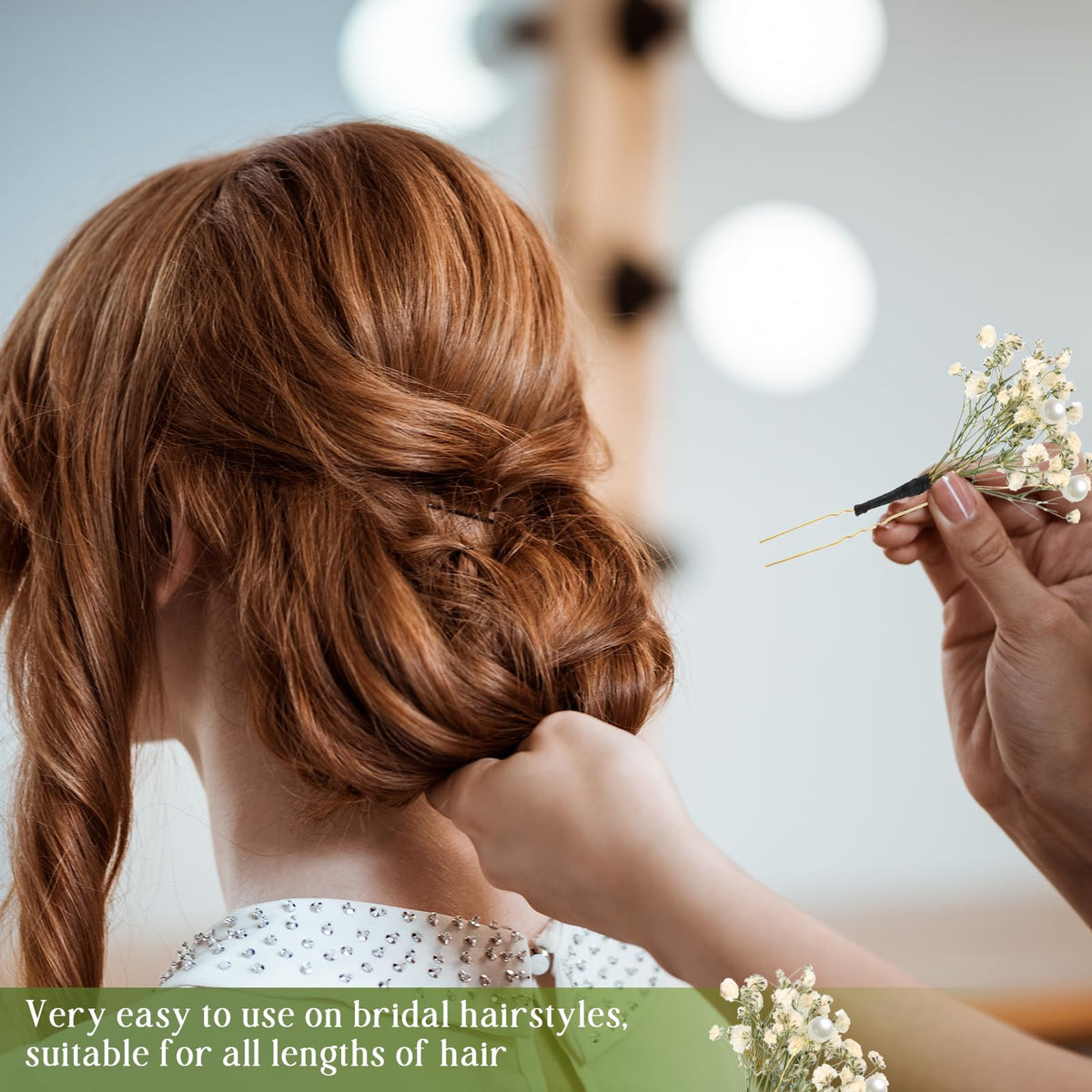 Daifunli hair pin in bridal updo demonstrating subtle floral finish