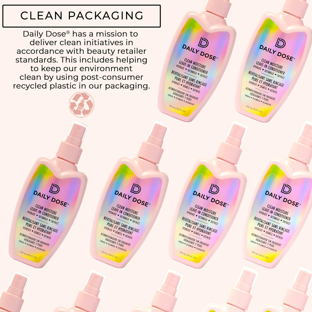 DAILY DOSE recycled PCR bottle marking emphasizing sustainable packaging benefit