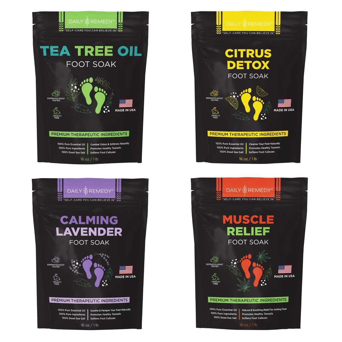 daily remedy front packaging showing all four foot soak jars and benefits