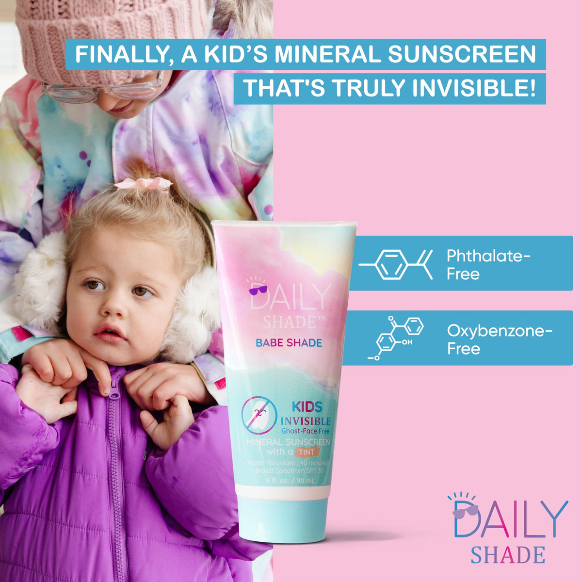 DAILY SHADE water splashes showing 40-minute water-resistant protection