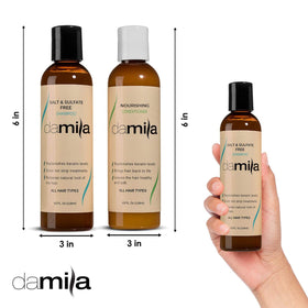 damila bottle label closeup highlighting product name and sulfate-free benefit