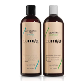 damila front label showing shampoo and conditioner benefits and size