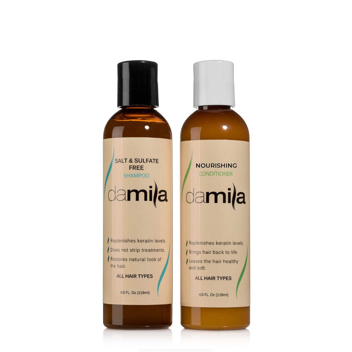 damila front packaging showing both shampoo and conditioner for travel-friendly keratin care