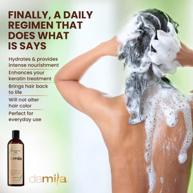 damila bottle held in hand to show size and travel-friendly benefit