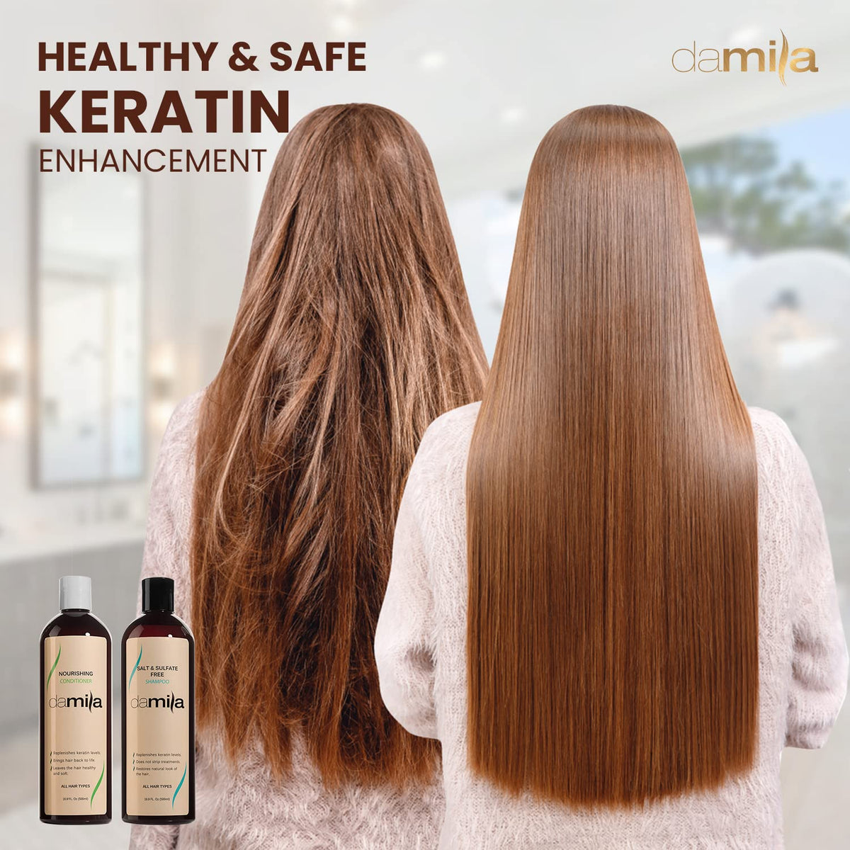 damila shampoo and conditioner being applied after keratin treatment to enhance results