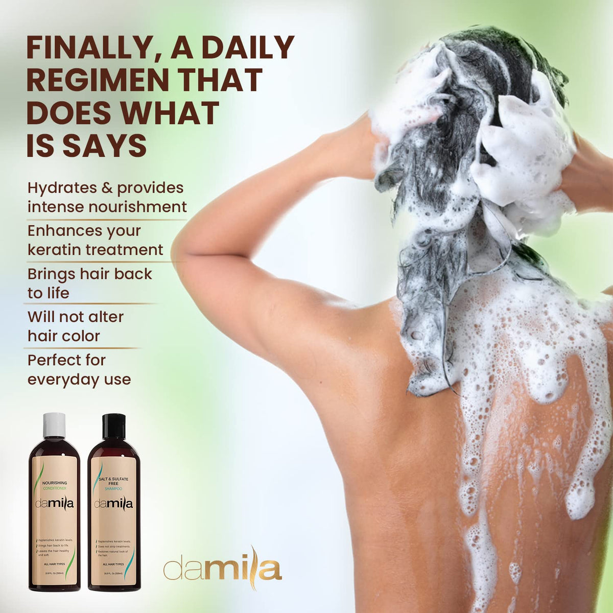 damila shampoo bottle in hand to show real-life size and scale