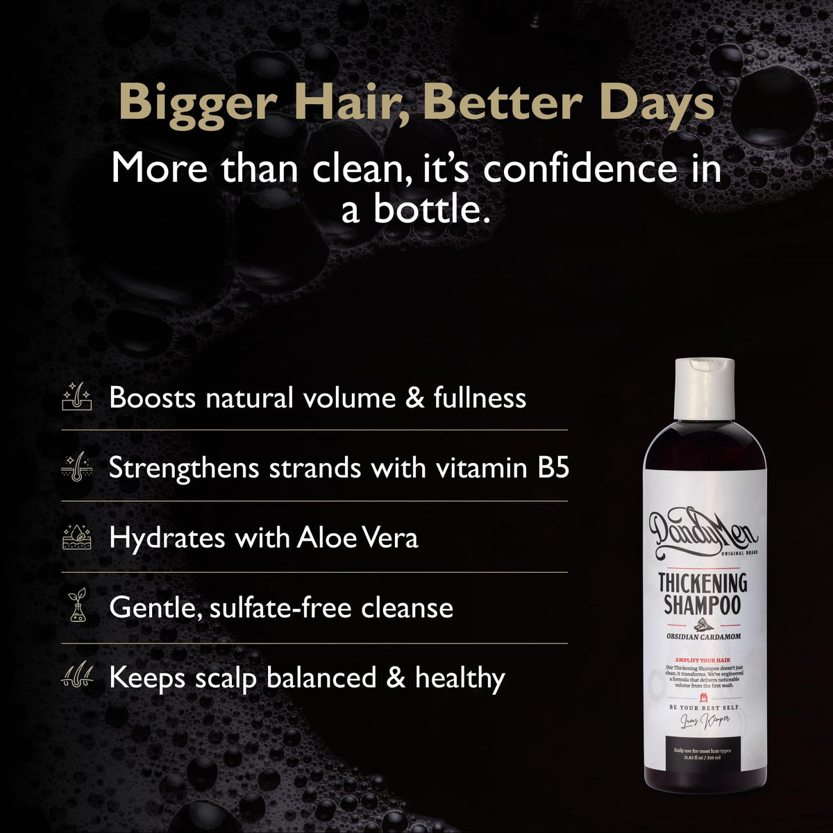 DandyMen bottle closeup label highlighting clean ingredients and confidence benefit
