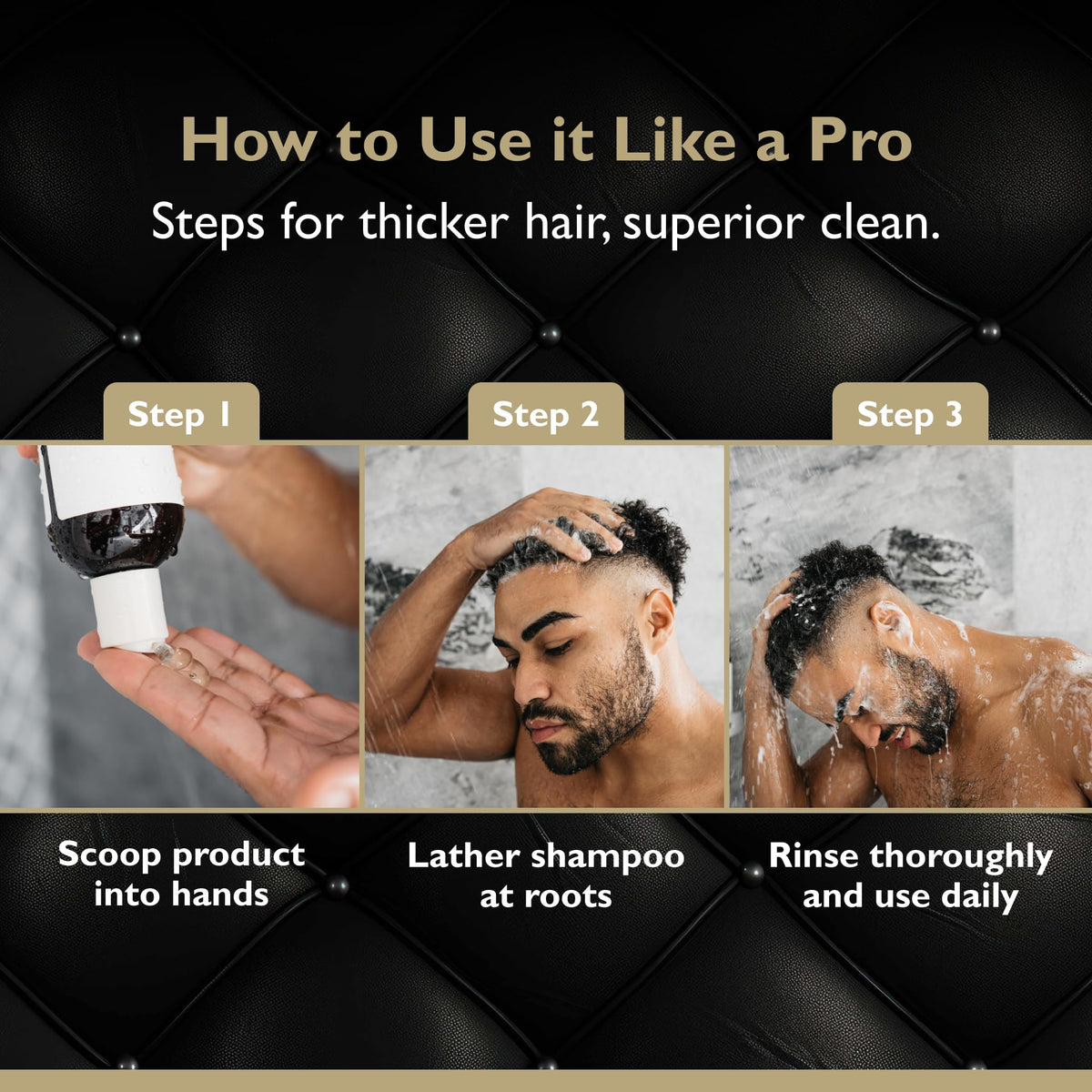DandyMen in shower lifestyle image illustrating everyday use and thicker appearance benefit