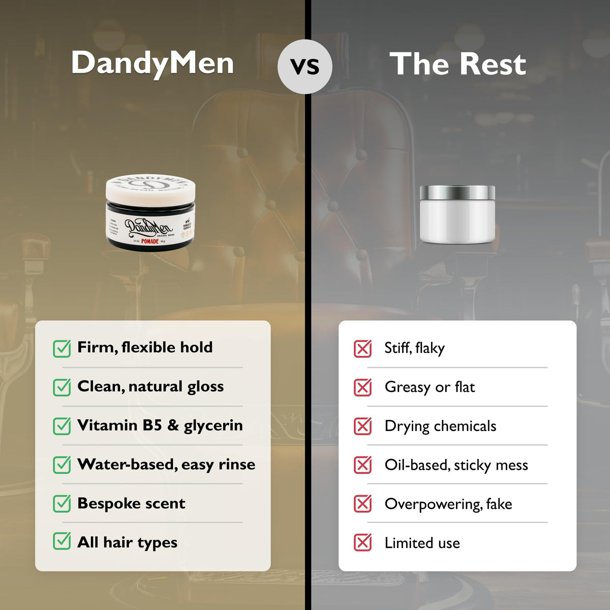 DandyMen pomade label close-up showing tobacco vanilla scent and benefits