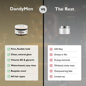 DandyMen pomade label close-up showing tobacco vanilla scent and benefits