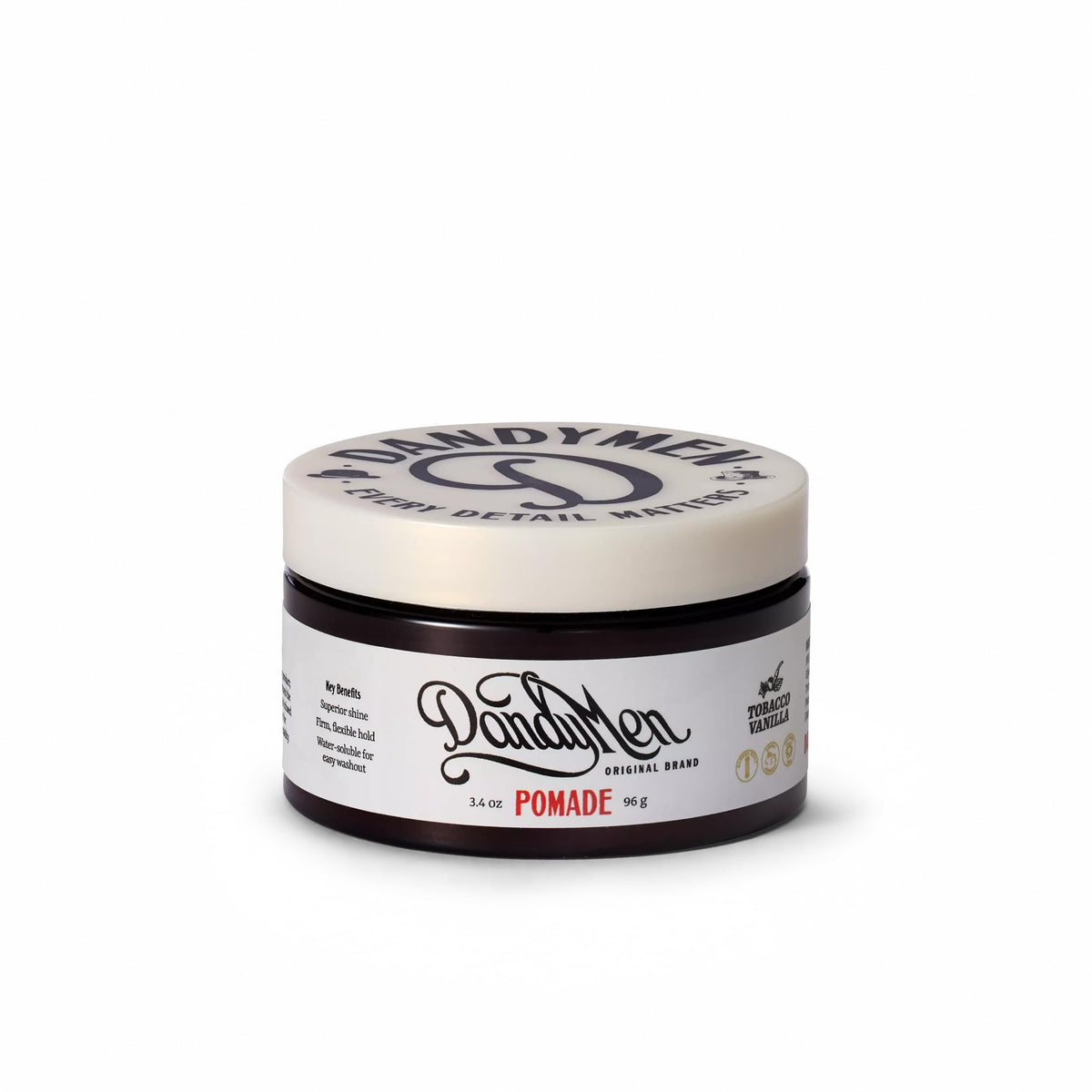 DandyMen pomade front jar view highlighting strong hold and shine