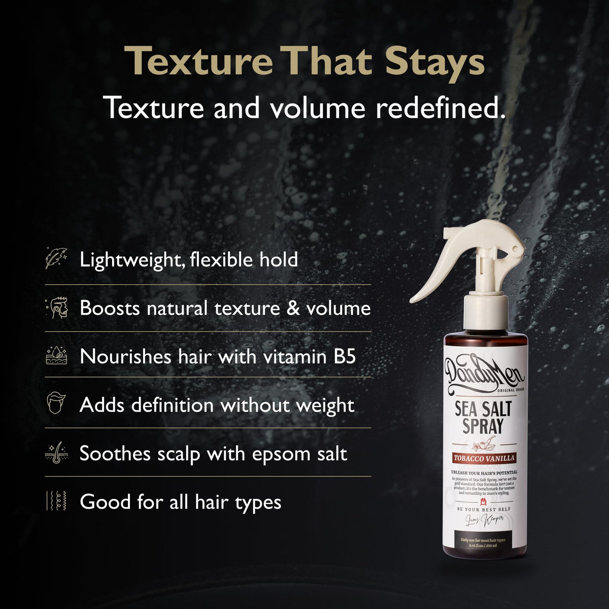 DandyMen mist spraying to show fine sea salt spray for even application and effortless texture