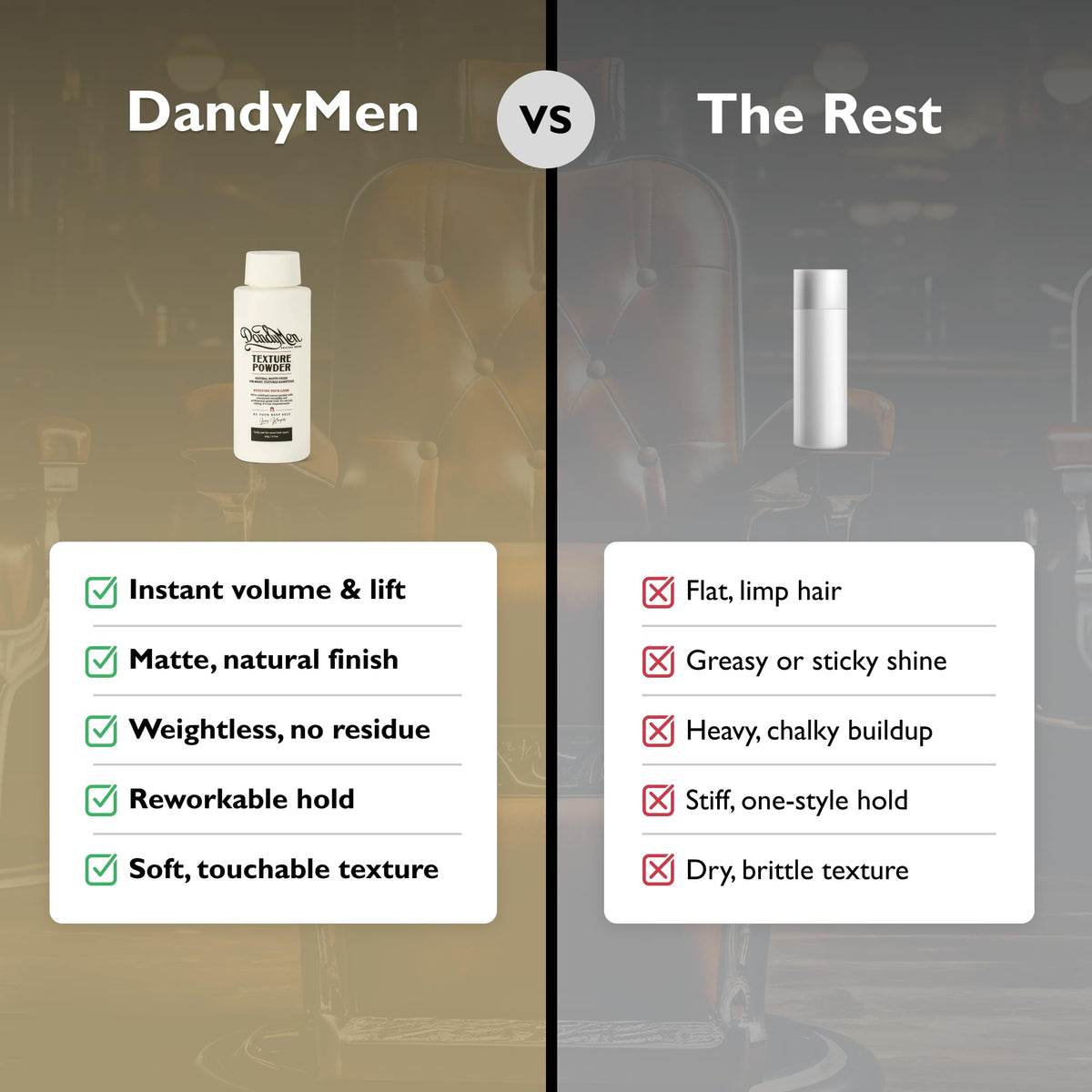 DandyMen powder texture in hand highlighting lightweight, matte volume benefit