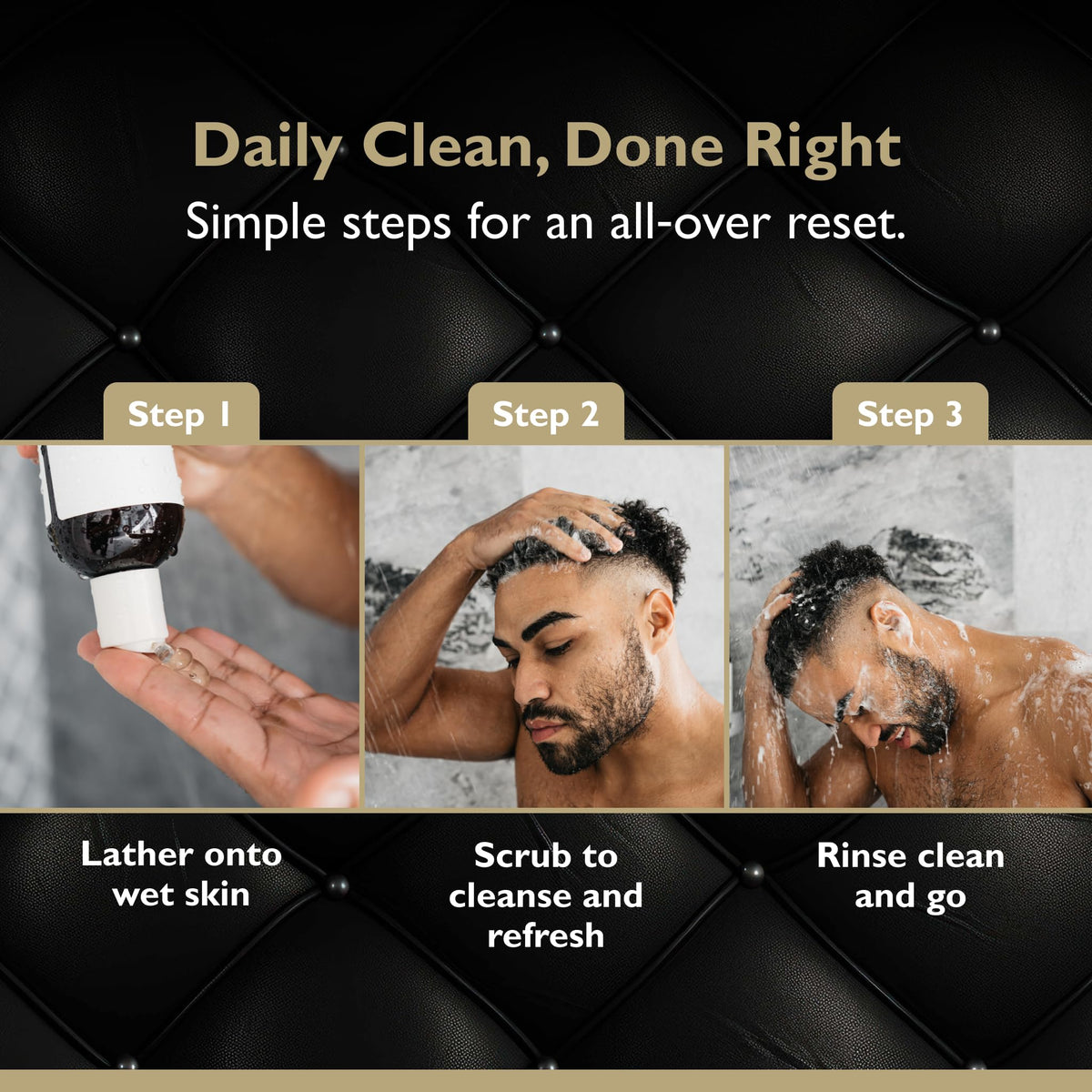 DandyMen bottle on shower shelf showing in-shower use convenience