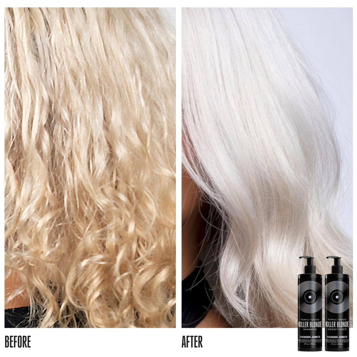 Danger Jones before and after hair tones showing reduced brassiness benefit