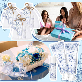 Dansib bridal shower table setting displaying favors integrated into wedding decor