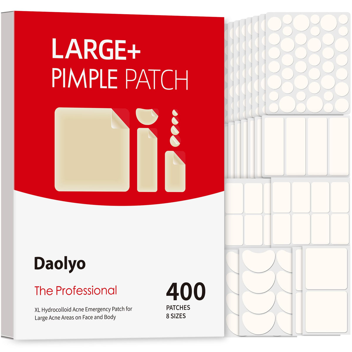 Daolyo front packaging showing 400-count acne patch kit with sizes and benefits