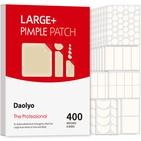 Daolyo front packaging showing 400-count acne patch kit with sizes and benefits