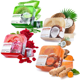 Dapoprren front packaging showing four loofah soap bars and benefits