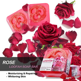 Dapoprren rose loofah soap top view showing gentle exfoliation and scent