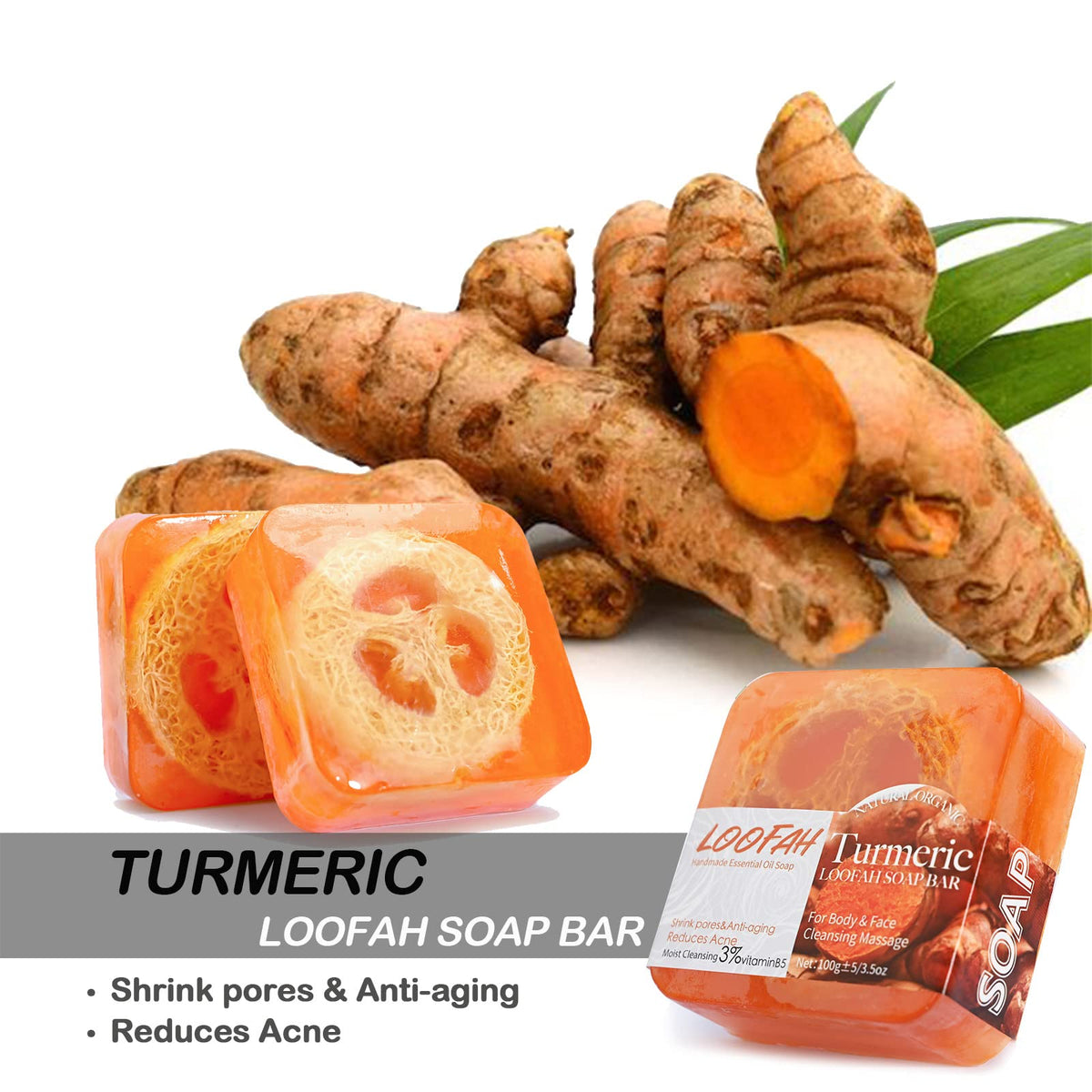 Dapoprren turmeric loofah soap close-up showing texture and brightening benefit