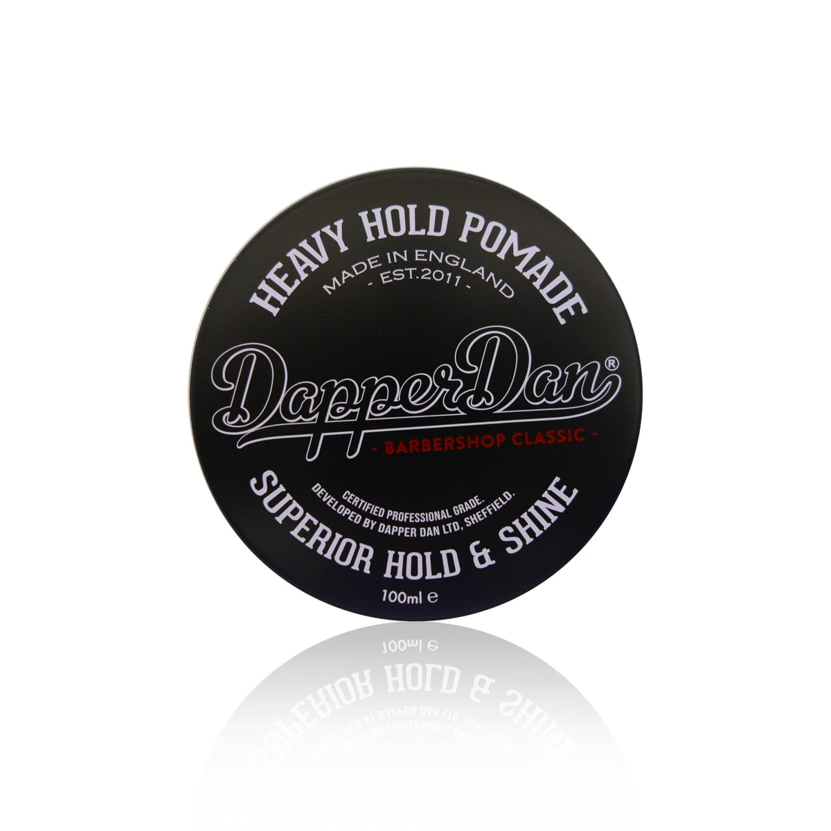 Dapper Dan heavy hold pomade jar front view showing branding and premium packaging benefit
