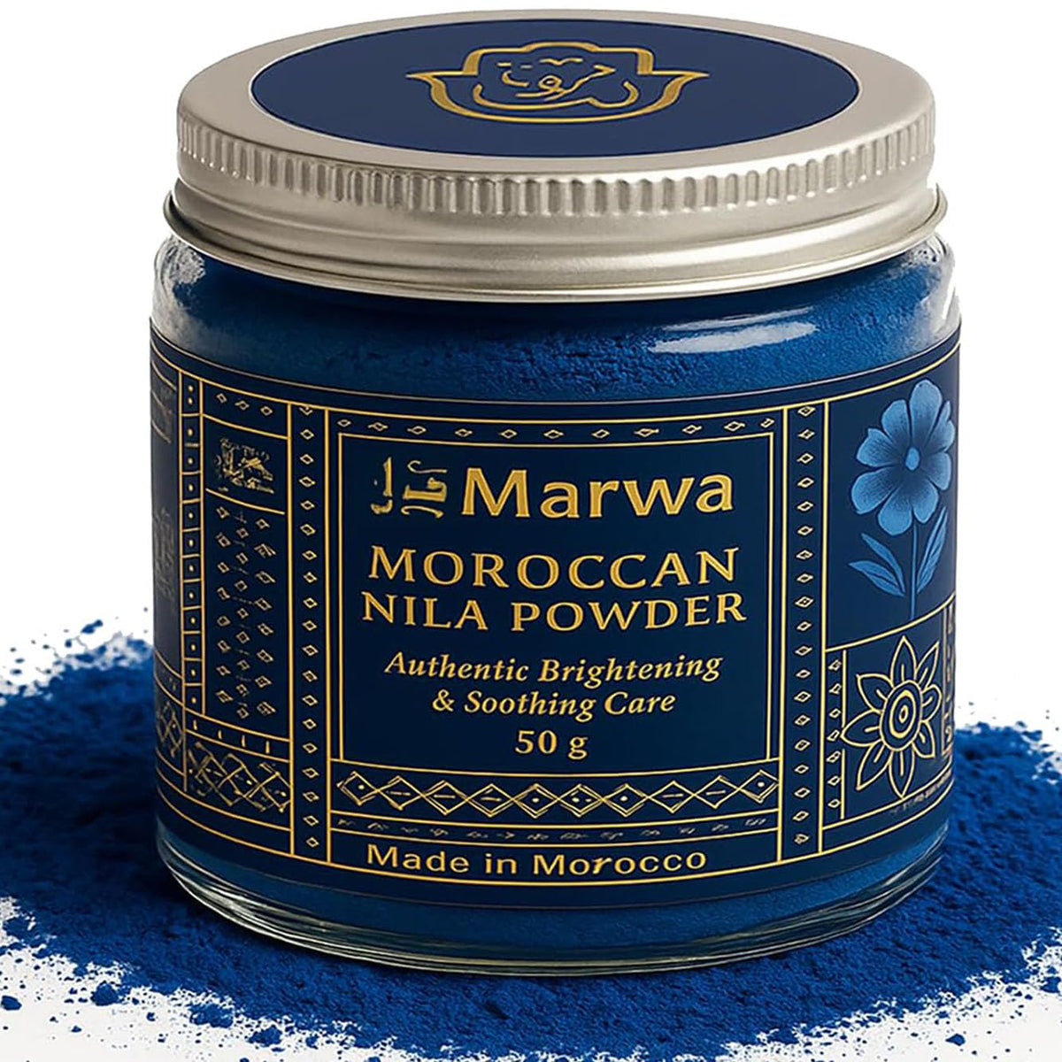 Dar Marwa jar front label showing genuine Moroccan nila powder and origin benefit