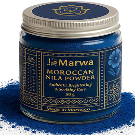 Dar Marwa jar front label showing genuine Moroccan nila powder and origin benefit