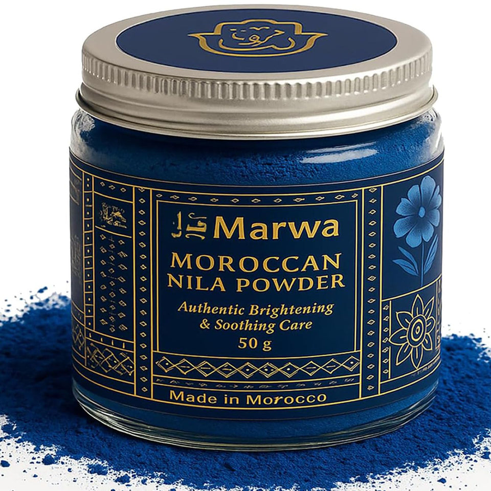 Dar Marwa jar front label showing genuine Moroccan nila powder and origin benefit