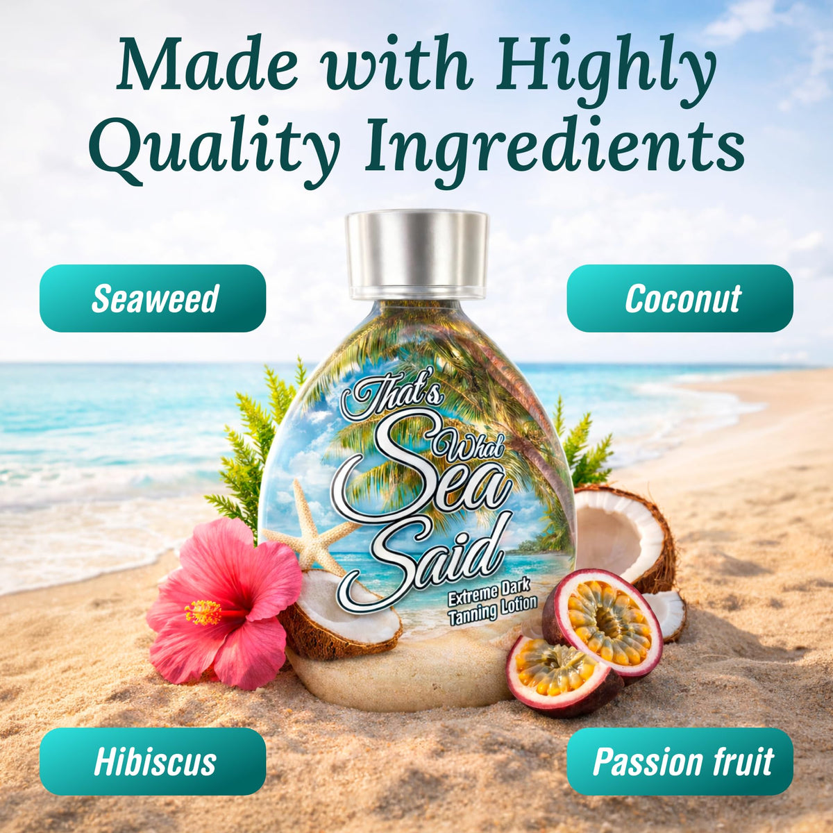 DARK TANS EXCLUSIVE label detail showing ingredient highlights like coconut and aloe