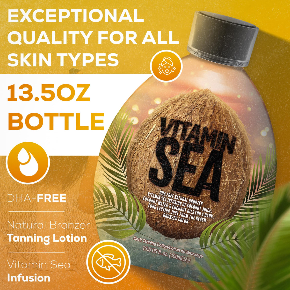 DARK TANS EXCLUSIVE bottle next to hand showing 13.5 oz size