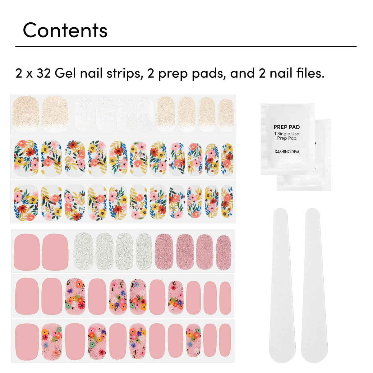 Dashing Diva kit contents laid out with prep pad and file for quick application