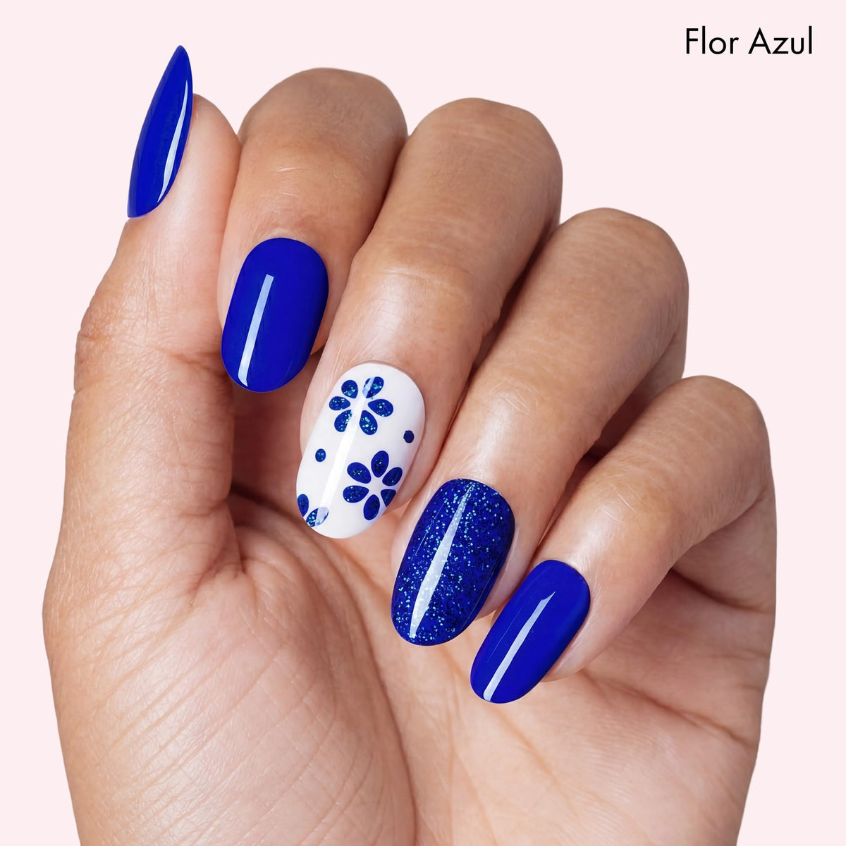 Dashing Diva Flor Azul strip detail showing chip-resistant finish