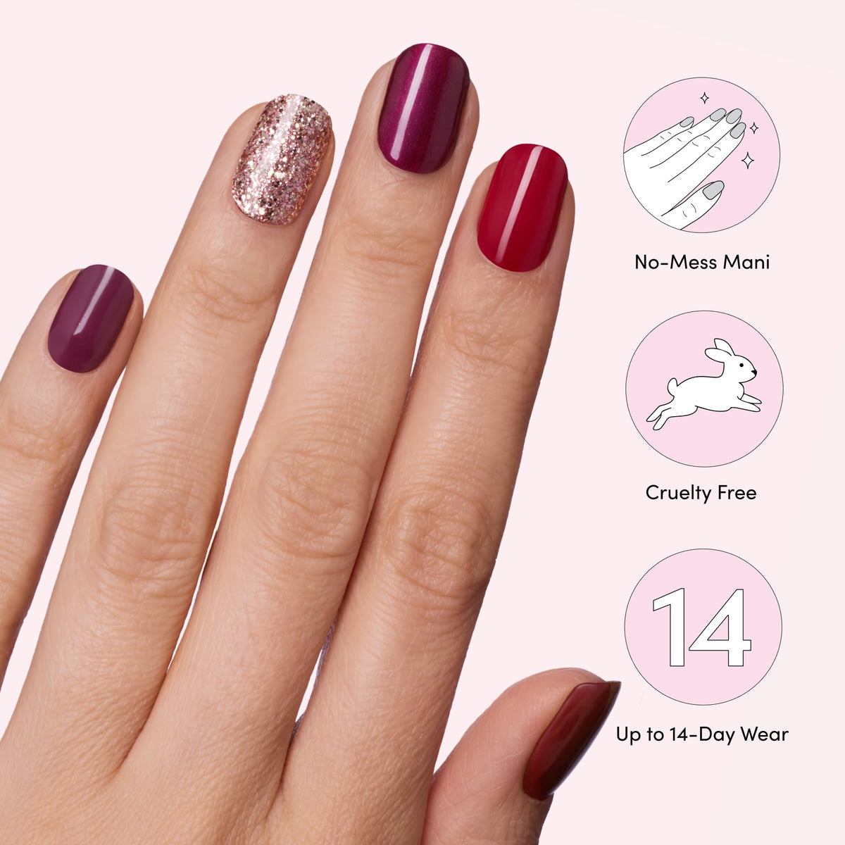 Fingers and toes with Dashing Diva strips showing size options and versatile fit benefit