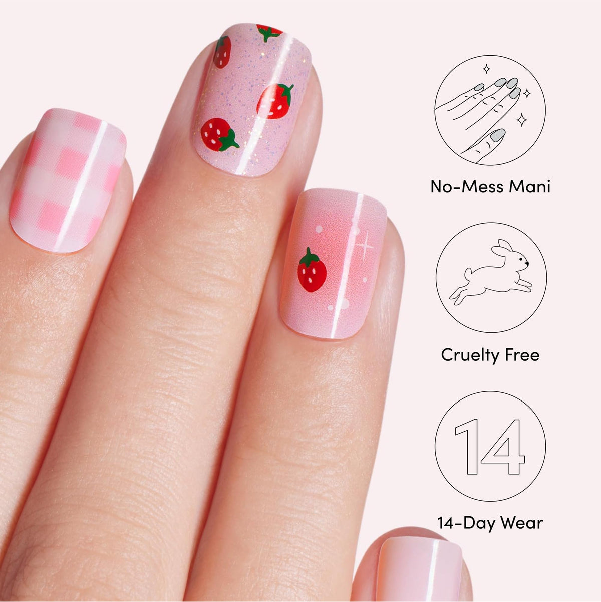 Dashing Diva strip on a finger illustrating true-to-size fit and natural look benefit