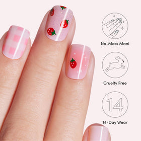Dashing Diva strip on a finger illustrating true-to-size fit and natural look benefit