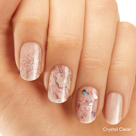 Dashing Diva laid-out gel strips display Crystal Clear and Maybe Marble benefits