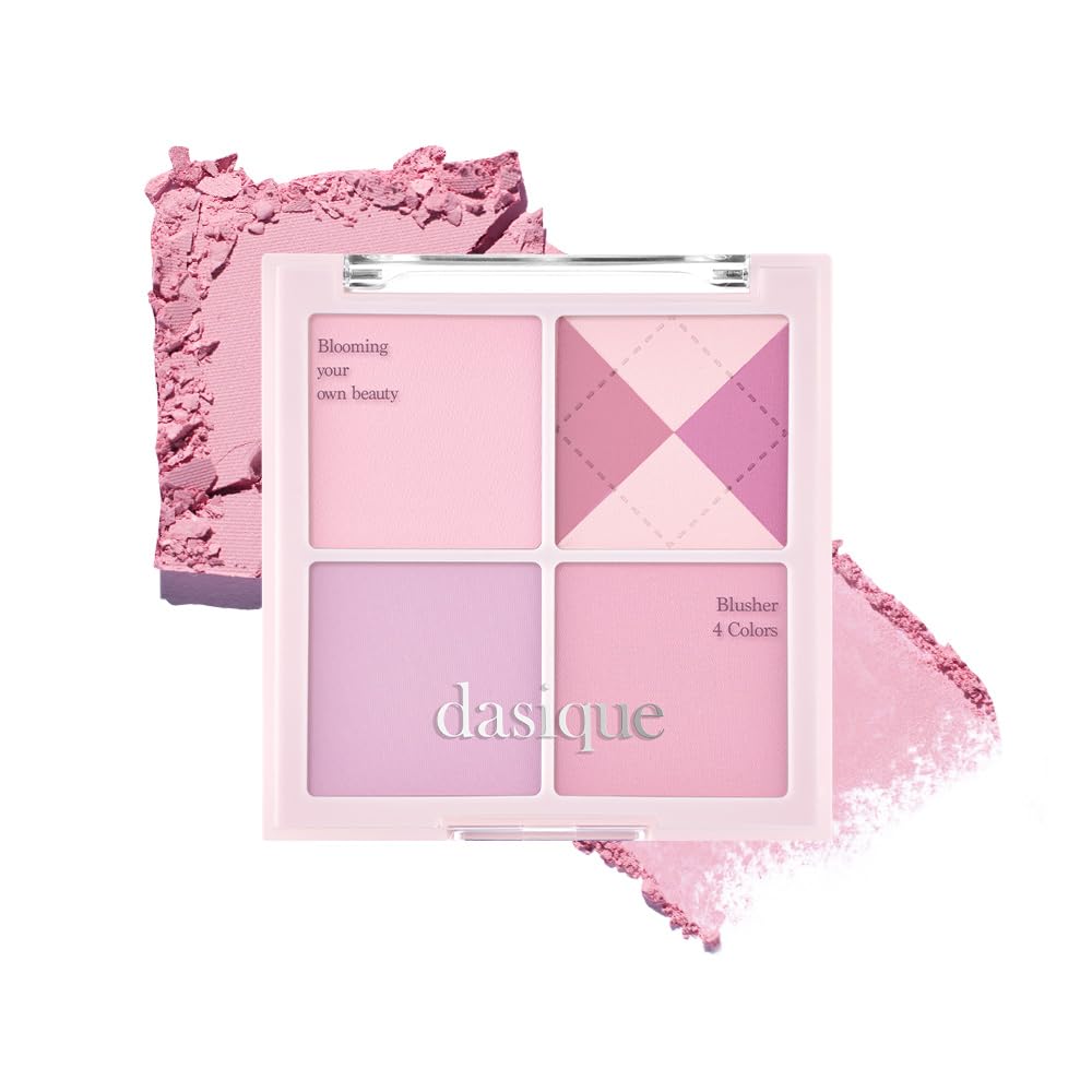 dasique compact front view showing four violet-pink shades and travel-friendly design benefit
