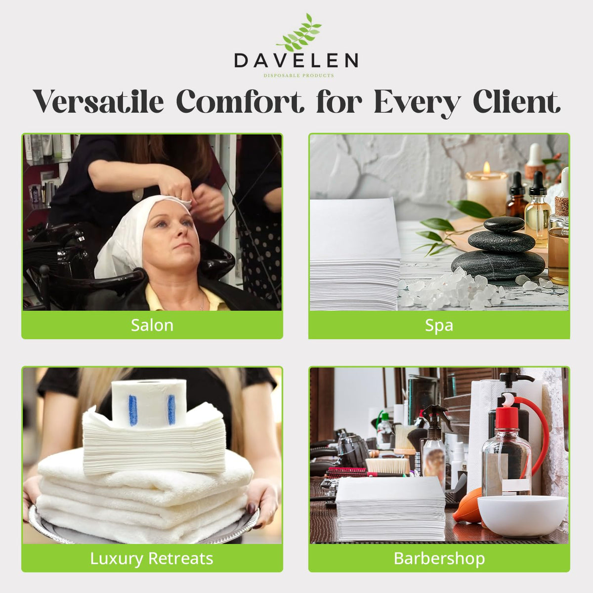 DAVELEN towel on spa station conveying professional presentation and efficiency