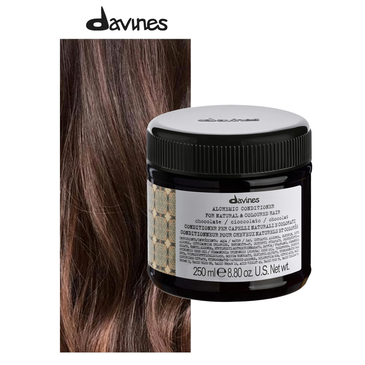 Close-up of Davines Alchemic Chocolate pump and cap highlighting easy dispensing