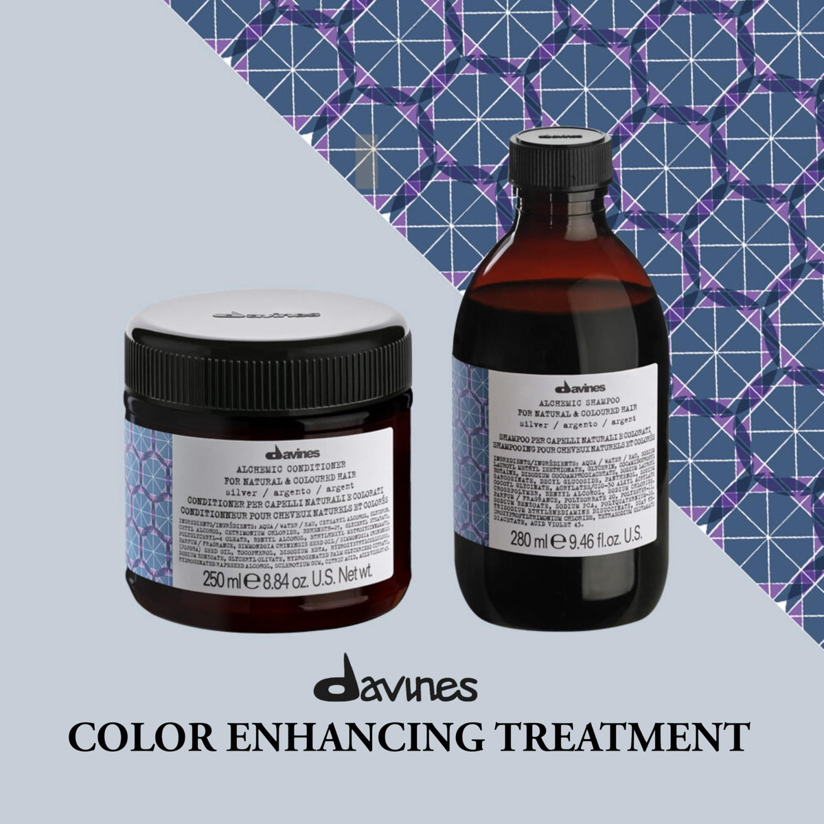 Davines Alchemic Shampoo Silver back label close-up with ingredients and usage benefits
