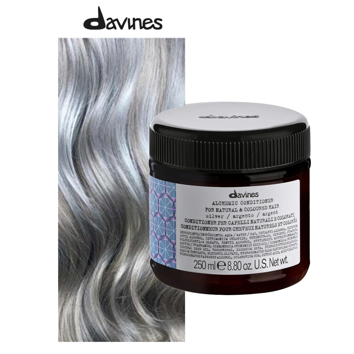 Davines Alchemic Silver back label with directions and ingredient clarity benefit