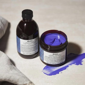 Davines Alchemic Silver before and after on blonde hair showing brassiness reduction benefit